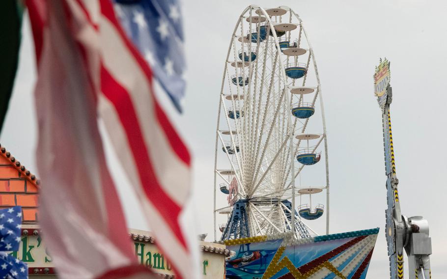 The Liberty Wheel towers above the German-American Friendship Festival fairground at the Hainerberg housing area in Wiesbaden, Germany, on June 29, 2023. The festival is part of U.S. Army Garrison Wiesbaden’s Independence Day celebrations.