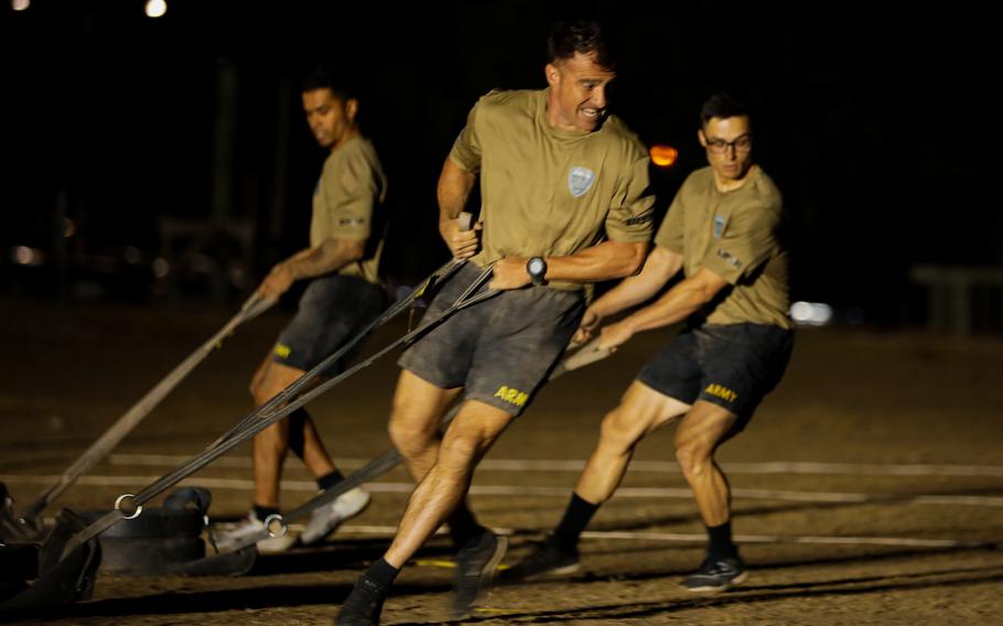 Army Sgt. 1st Class Brandon Rodriguez, who was based at Fort Campbell, Ky., pulls a sled during the Army Combat Fitness Test as part of the U.S. Army Forces Command Best Squad Competition at Fort Hood, Texas, on Aug. 15, 2022. 