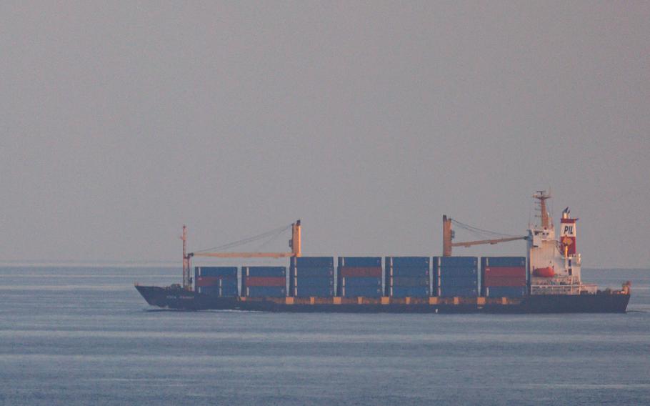 The container ship, Kota Rahmat approaches the Bab-el-Mandeb strait on Jan. 18, 2024, in Obock, Djibouti. 