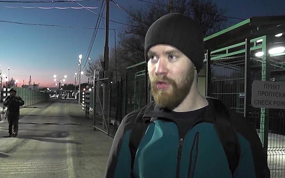 A video screen grab shows American Tyler Jacob fleeing to Turkey on March 13, 2022. According to reports on Saturday, March 25, Jacob has been released from Russian custody and reunited with his family.