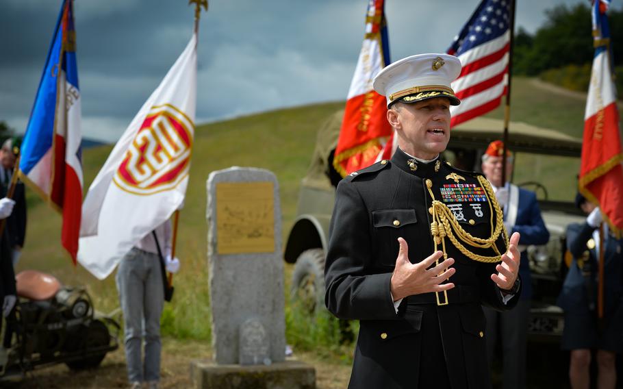 Col. Ed Norris, U.S. Marine Corps attache in Paris, speaks during a commemoration ceremony honoring Office of Strategic Services operations in the region near Berlats, France, May 27, 2022. A Marine Raider, Norris said modern special forces learned much from experiences learned during guerrilla operations in Nazi-occupied France.