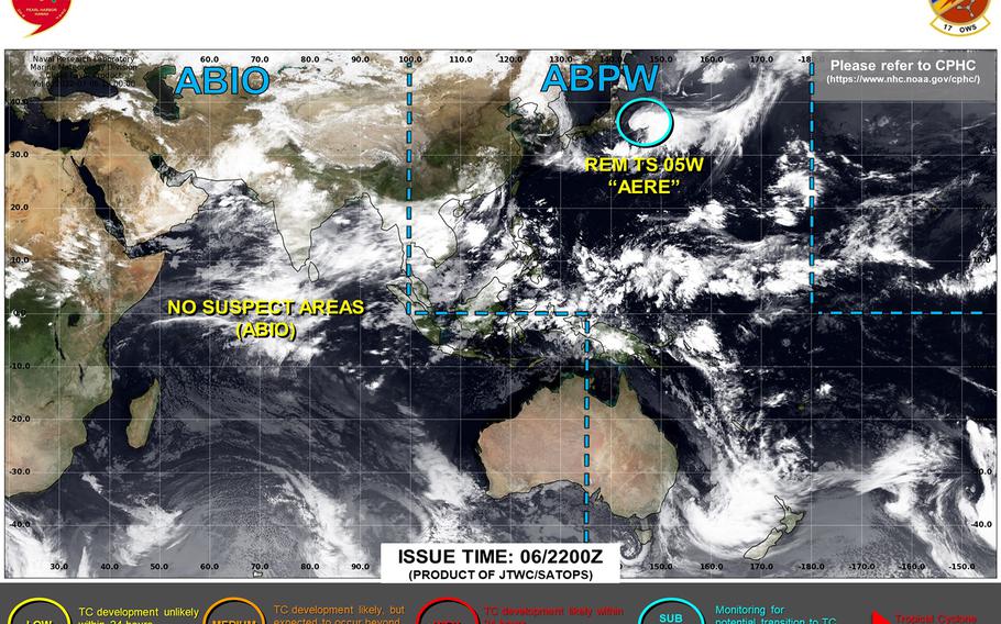 Aere strengthens into a tropical storm, forecast to dissipate east of Japan into the weekend.