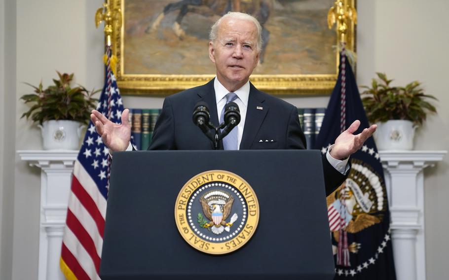 President Joe Biden delivers remarks Thursday, April 21, 2022, on the Russian invasion of Ukraine in the Roosevelt Room of the White House in Washington.