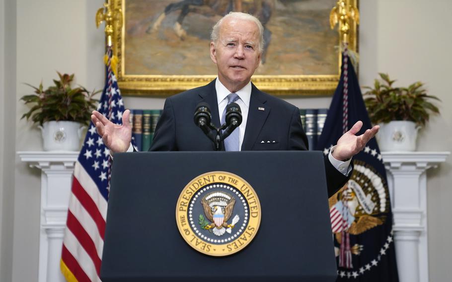 President Joe Biden delivers remarks on the Russian invasion of Ukraine, in the Roosevelt Room of the White House, Thursday, April 21, 2022, in Washington.