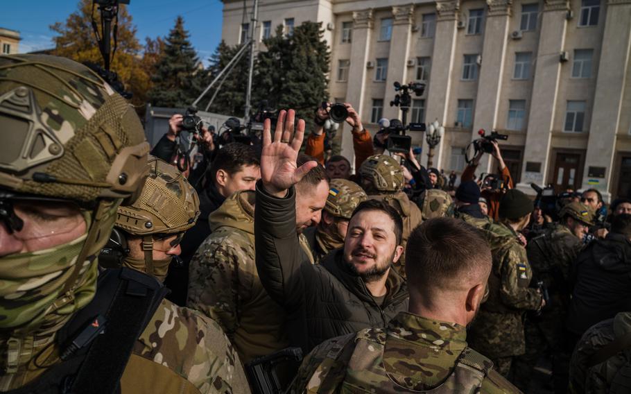 Ukrainian President Volodymyr Zelenskyy visits the liberated city of Kherson on Nov. 14.