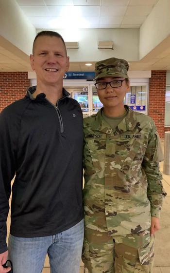 Command Sgt. Maj. Scott Beeson, seen with his daughter Pvt. Montana Beeson, said he never pushed military service on his five children, but he is proud that they all chose to enlist. About 83% of Army recruits come from military families, but the service is trying to reach beyond that as it is expected to miss its recruiting goal for this year. 