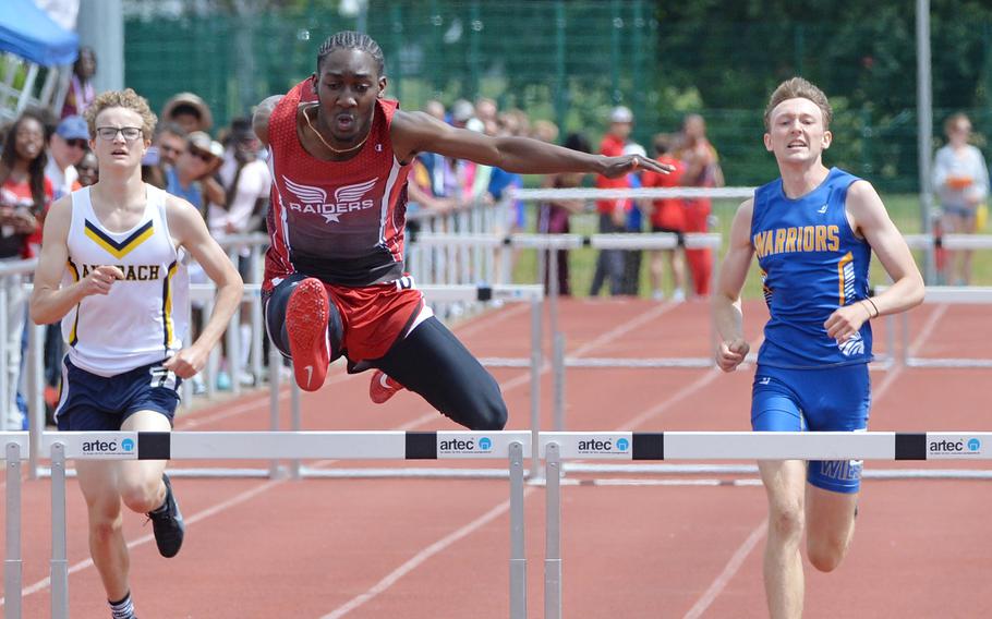 Kaiserslautern’s Jerrell Thomas won the boys 300-meter hurdles in 42.90 seconds at the DODEA-Europe track and field championships in Kaiserslautern, Germany.