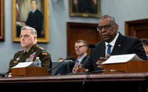Secretary of Defense Lloyd J. Austin III, and Chairman of the Joint Chiefs of Staff U.S. Army Gen. Mark A. Milley, testify before the House Appropriations Committee-Defense on the Fiscal 2024 Department of Defense Budget in Washington D.C. on March 23, 2023. The Pentagon said it carried out airstrikes in Syria on Thursday night, hours after an unmanned aerial vehicle struck a coalition base in the country, killing an American contractor and wounding five U.S. troops and another contractor. 