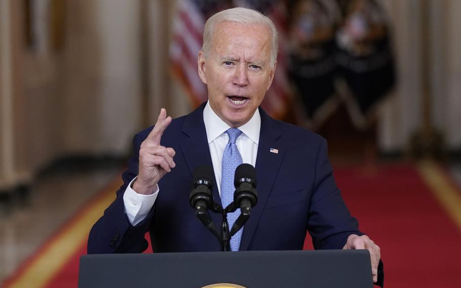 President Joe Biden speaks about the end of the war in Afghanistan from the State Dining Room of the White House, Tuesday, Aug. 31, 2021, in Washington. 