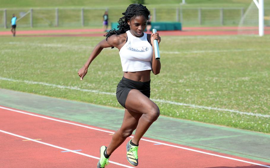Kubasaki freshman Naiaja Sizemore, shown here at practice Tuesday, won the 100 and 200 and helped the Dragons win the 400-meter relay Saturday at Kadena. Her time of 11.72 broke the eight-year-old Pacific record in the 100 by .54 seconds.