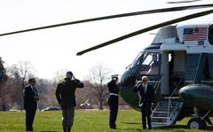 President Joe Biden exits Marine One while arriving at Fort McNair in Washington, D.C., on April 4, 2022. 