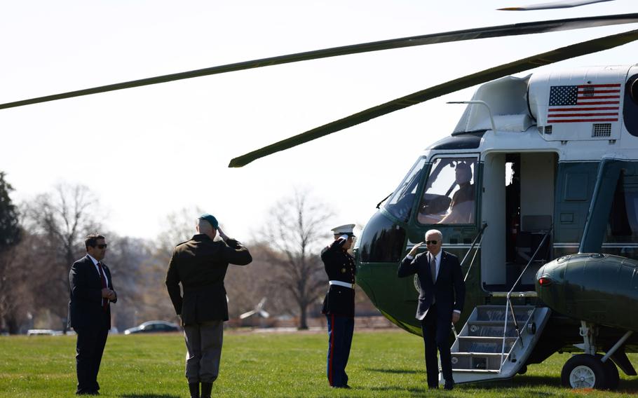 President Joe Biden exits Marine One while arriving at Fort McNair in Washington, D.C., on April 4, 2022. Ahead of Biden’s upcoming visit to the Middle East, Jordan’s King Abdullah II said he would support the formation of a Middle East military alliance.