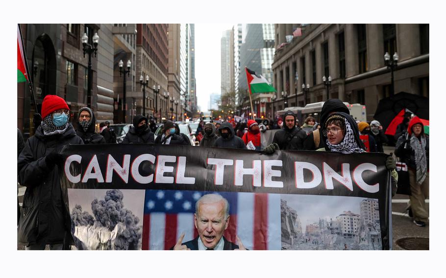 Demonstrators in Chicago march in protest of the city’s plan to host the 2024 Democratic National Convention.