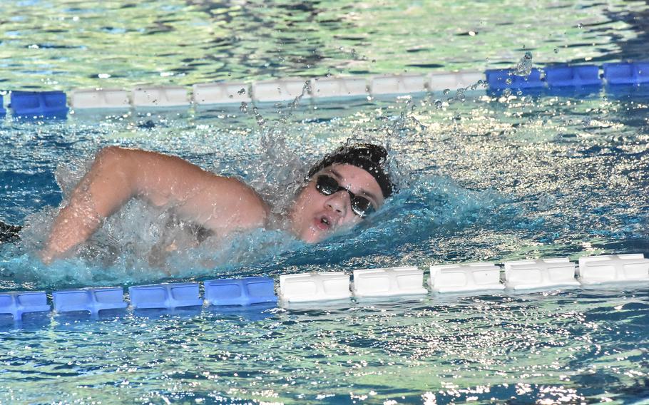 Vicenza's Kingston Baxter competes in a heat of the boys 1,500-meter freestyle at the European Forces Swim League Long Distance Championships in Lignano Sabbiadoro, Italy, on Sunday, Nov. 27, 2022.