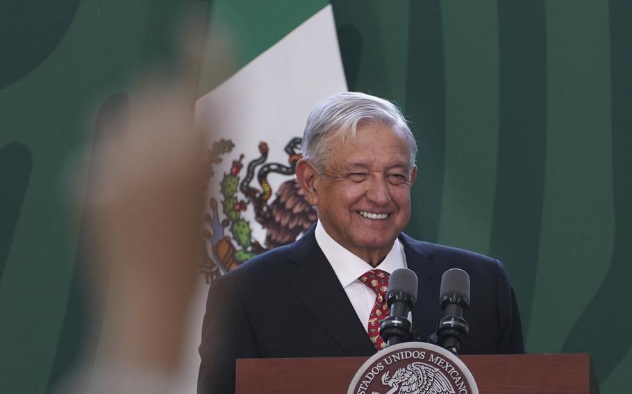 Mexican President Andres Manuel Lopez Obrador speaks during his daily morning press conference before officially inaugurating the Felipe Angeles International Airport (AIFA) north of Mexico City, Monday, March 21, 2022. 