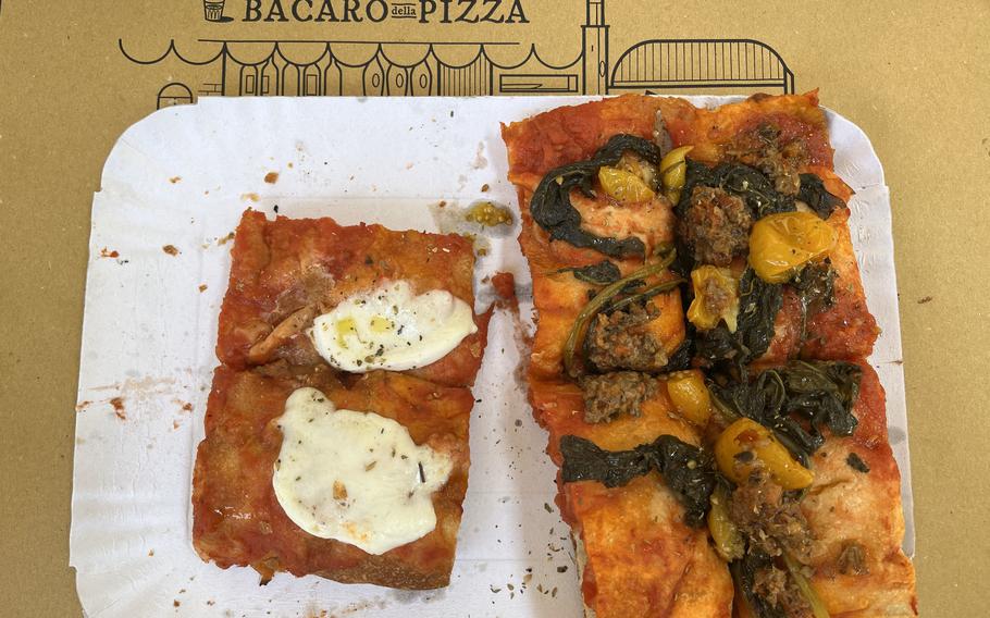 Pizza served by the slice at a restaurant