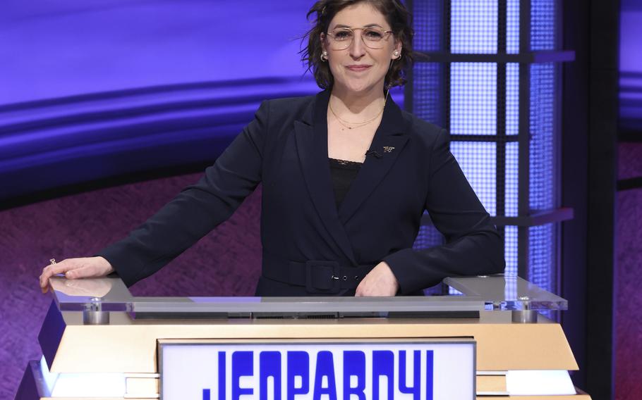 In this image provided by Jeopardy Productions, Inc., guest host Mayim Bialik appears on the set of “Jeopardy!”