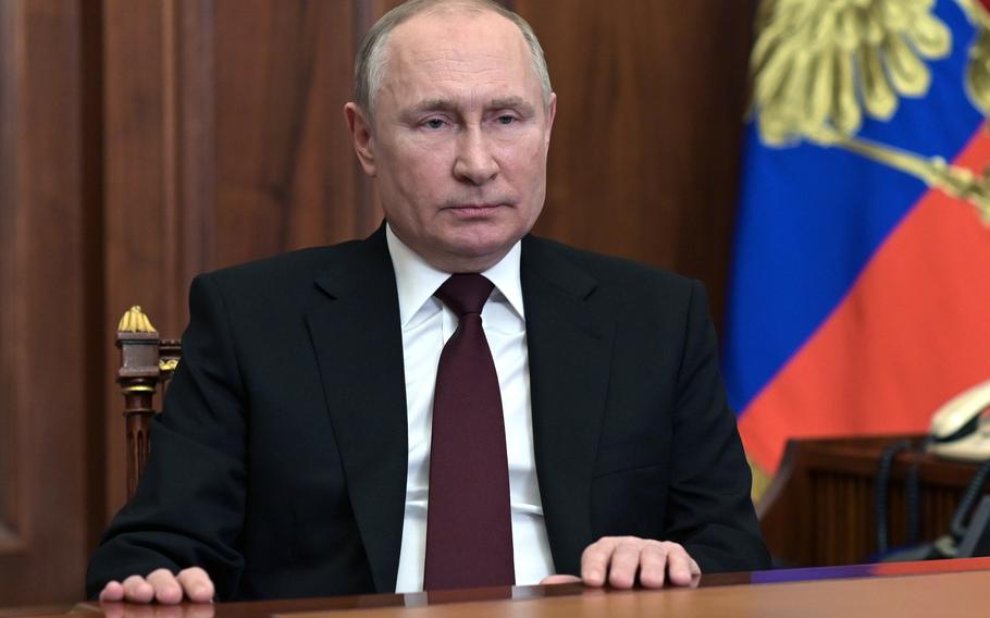 Russian President Vladimir Putin addresses the nation in the Kremlin in Moscow, Russia, Monday, Feb. 21, 2022. Russia’s Putin has recognized the independence of separatist regions in eastern Ukraine, raising tensions with West. 