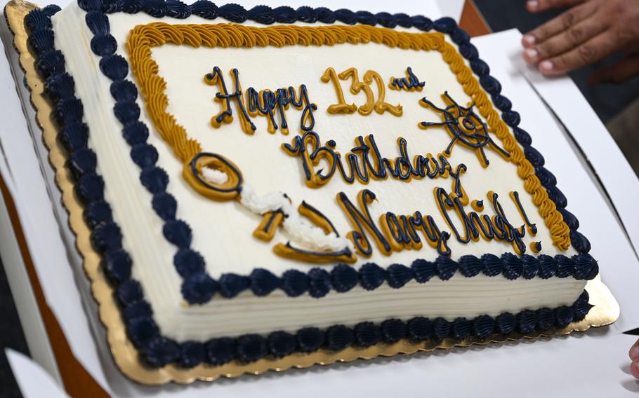 A cake that says “Happy 132nd Birthday Navy Chiefs”