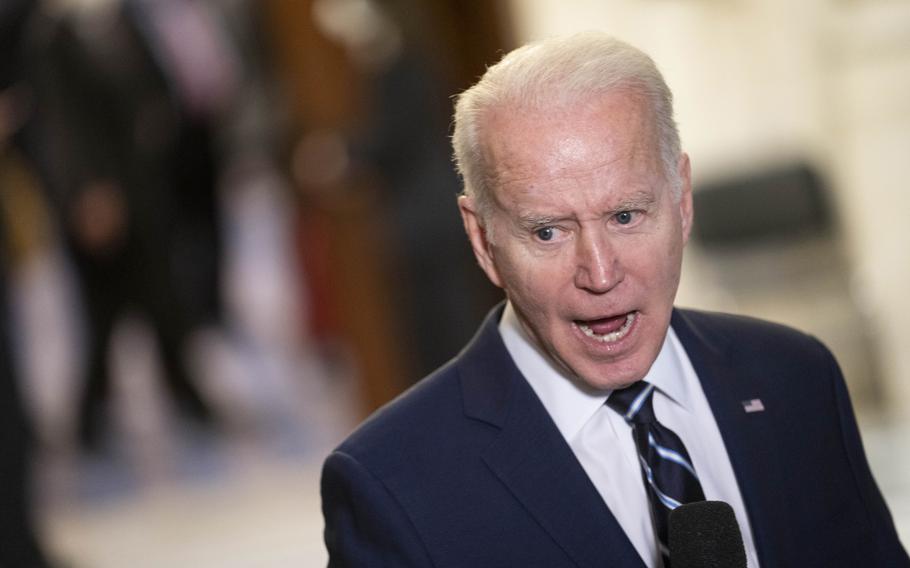 President Biden speaks to reporters after a meeting with Senate Democrats to discuss voting rights and the filibuster on Jan. 13, 2022, on Capitol Hill. 