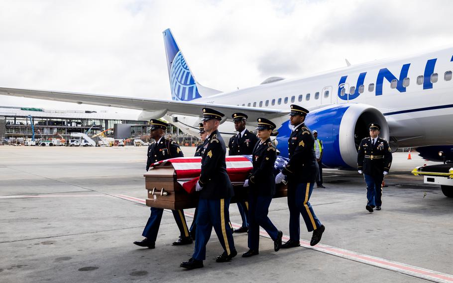 Army Honor Guard transfers the remains of Spc. Jayson Haven of Aiken, S.C., during a dignified transfer at Charlotte Douglas International Airport on June 12, 2023. Haven was then escorted by the Patriot Guard Riders from Charlotte to Powers Funeral Home in Lugoff, S.C., where he was received by family, friends, veterans and community members. 