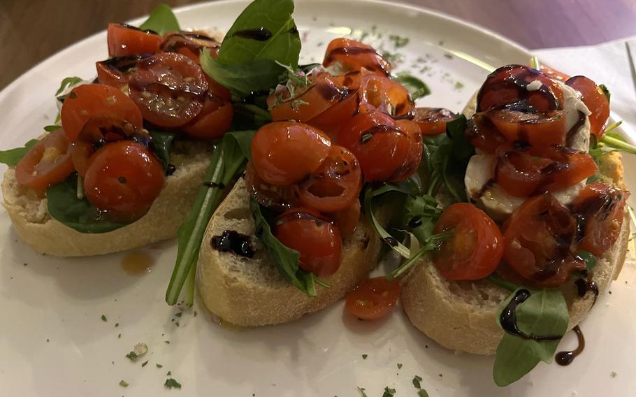Bruschetta with marinated cherry tomatoes and goat cheese as served at Mathilda in Wiesbaden, Germany.