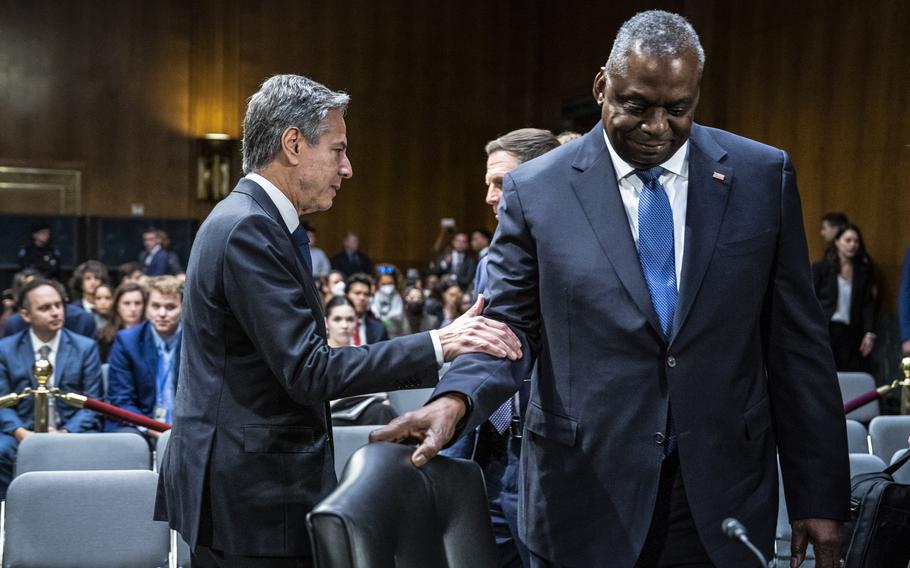 Secretary of State Antony Blinken, left, and Defense Secretary Lloyd Austin appear on Capitol Hill in October 2023.