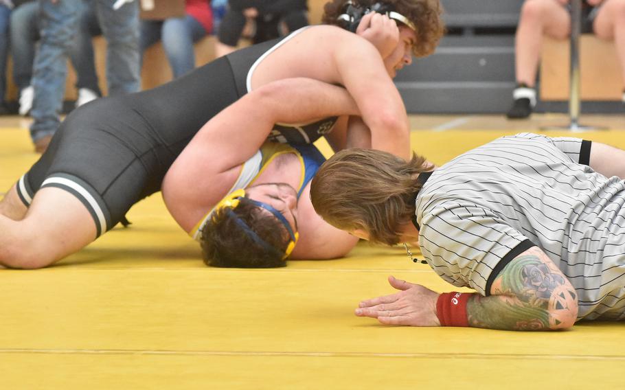 AFNORTH’S Nathan Frederickson defeated Wiesbaden’s John Ruland, the defending champion, in a 285-pound semifinal at the DODEA European Wrestling Championships on Saturday, Feb. 10, 2024.
