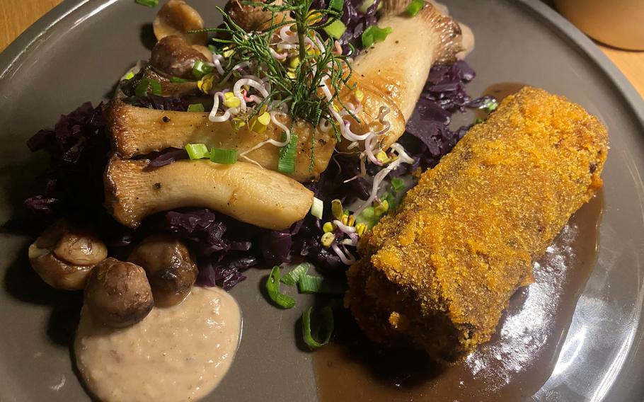 The Joujou entree Der Verspielte Herbst, meaning the Playful Autumn, consists of king oyster mushrooms, chestnuts and red cabbage. Dishes at the restaurant in Bad Duerkheim, Germany, are gluten-free and vegan, but many offer the option of adding flank steak or fish.