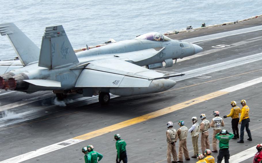 An F/A-18E Super Hornet launches from the flight deck of the aircraft carrier USS Ronald Reagan in the Arabian Sea, Sept. 14, 2021. 