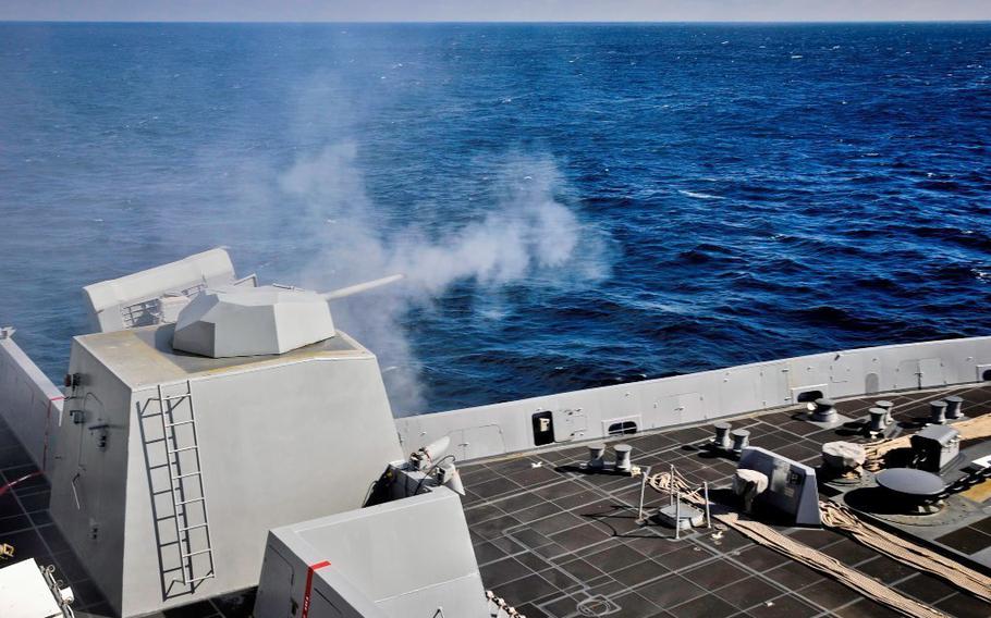 The amphibious transport dock ship USS New York fires its MK46 30mm gun during a live-fire exercise into the Potomac River. As the Navy is moving to expand its test range, moving it closer to the Maryland shore, two environmental groups are suing the Navy and alleging it failed to abide by the Clean Water Act, which requires anyone discharging pollutants into a river to get a permit, and to regularly test the water to ensure it is safe for humans and wildlife. 