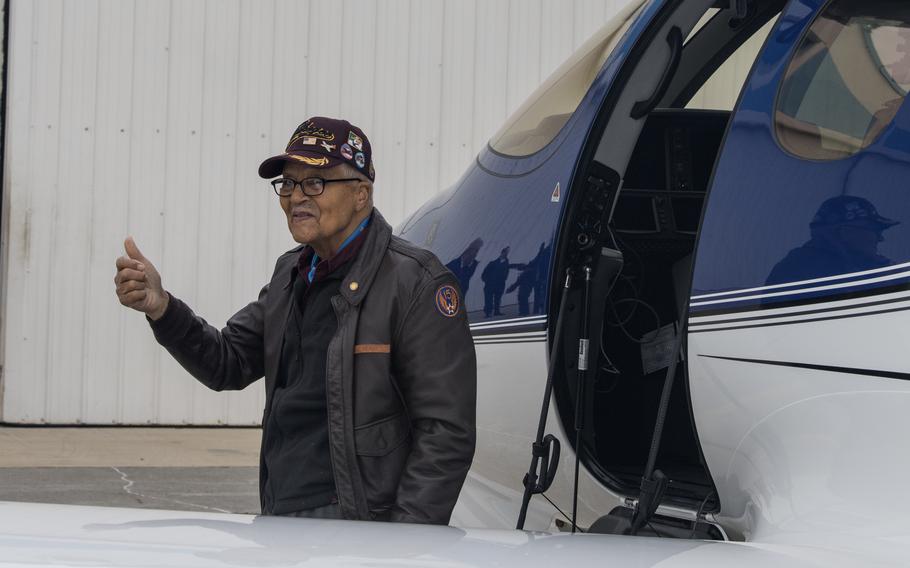 Retired U.S. Air Force Col. Charles E. McGee engages the audience following a flight during an aviation weekend to celebrate his 100th birthday at the Fredrick Municipal Airport in Fredrick, Md, Dec. 6, 2019.
