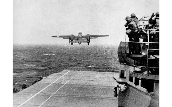 A U.S. Army Air Forces North American B-25B Mitchell bomber takes off from the aircraft carrier USS Hornet (CV-8) during the “Doolittle Raid” on April 18, 1942.