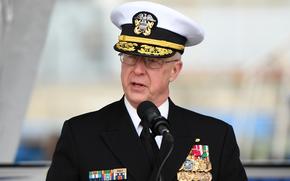 250405-N-GR655-1107 GROTON, Connecticut (April 5, 2025) – Adm. Daryl Caudle, commander of the U.S. Navy’s Fleet Forces Command, delivers remarks during a commissioning ceremony for the fast-attack submarine USS Iowa (SSN 797) in Groton, Connecticut, April 5, 2025. The ceremony culminated a years-long process of commissioning SSN 797, the first submarine and third naval vessel named for the Hawkeye State. The fast-attack submarine USS Iowa and crew operate under Submarine Squadron (SUBRON) 4 whose primary mission is to provide fast-attack submarines that are ready, prepared, and committed to meet the unique challenges of undersea combat and deployed operations in unforgiving environments across the globe. (U.S. Navy photo by Chief Petty Officer Joshua Karsten)