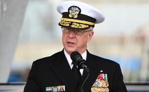 250405-N-GR655-1107 GROTON, Connecticut (April 5, 2025) – Adm. Daryl Caudle, commander of the U.S. Navy’s Fleet Forces Command, delivers remarks during a commissioning ceremony for the fast-attack submarine USS Iowa (SSN 797) in Groton, Connecticut, April 5, 2025. The ceremony culminated a years-long process of commissioning SSN 797, the first submarine and third naval vessel named for the Hawkeye State. The fast-attack submarine USS Iowa and crew operate under Submarine Squadron (SUBRON) 4 whose primary mission is to provide fast-attack submarines that are ready, prepared, and committed to meet the unique challenges of undersea combat and deployed operations in unforgiving environments across the globe. (U.S. Navy photo by Chief Petty Officer Joshua Karsten)