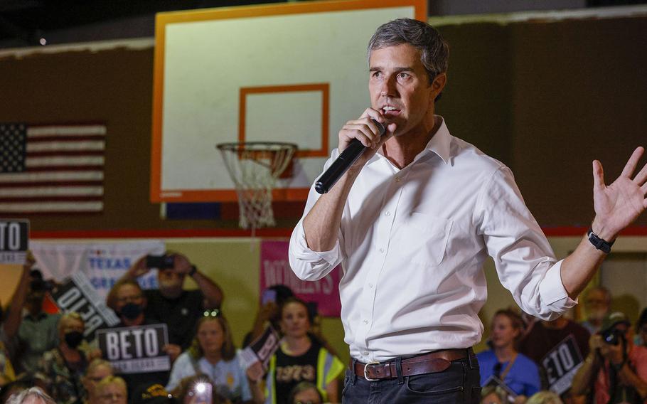 Texas candidate for governor Beto O’Rourke speaks during a town hall at the Kauffman Leadership Academy in Cleburne, Texas, on Wednesday, Aug. 10, 2022. He also held a rally Wednesday in Mineral Wells, where he cursed at a heckler while discussing gun control in the wake of the Uvalde school shooting. 