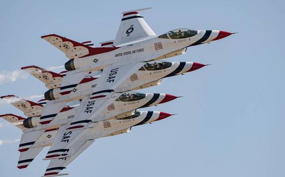 The U.S. Air Force Thunderbirds perform at the California Capital Airshow on Sunday at Mather Airport.