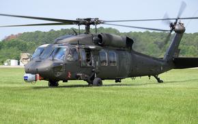 A helicopter idles in a field.