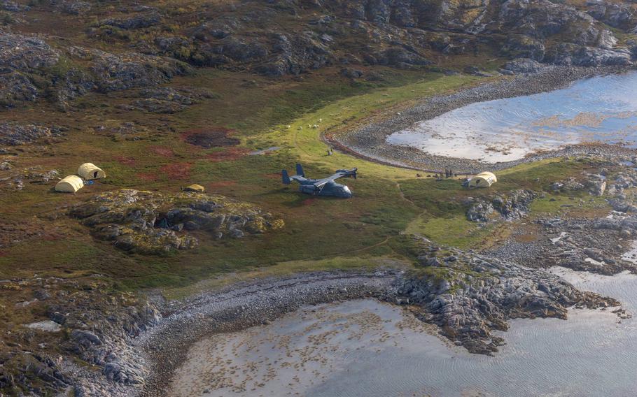 A U.S. Air Force CV-22 Osprey sits on Senja island, Norway, after an emergency landing in August. 