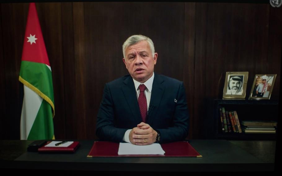 King Abdullah II of Jordan speaks during the United Nations General Assembly on Sept. 22. 2020. 