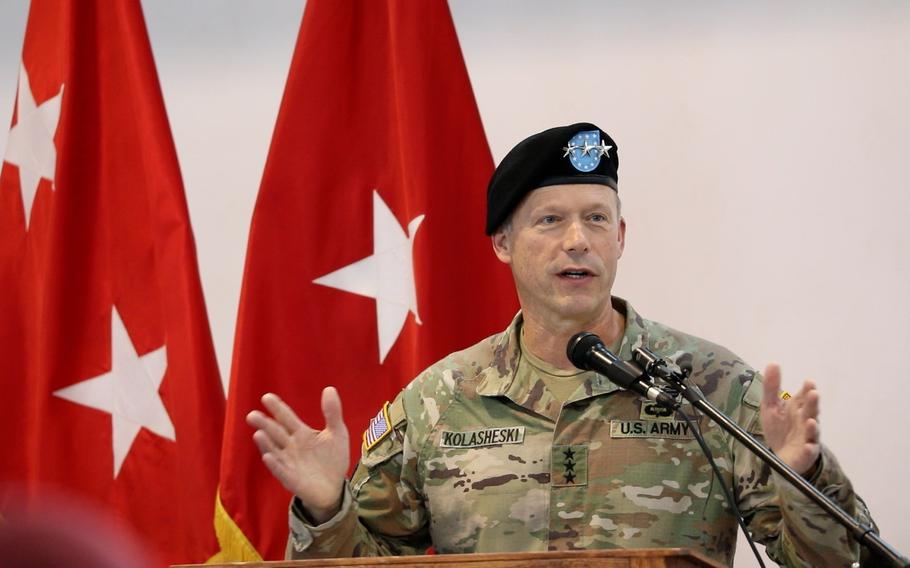 U.S. Lt. Gen. John Kolasheski speaks on the transfer of authority ceremony between the U.S. Army’s 10th Mountain Division and the 82nd Airborne Division, commanded by Maj. Gen. Pat Work at Mihail Kogalniceanu Air Base, Romania, Dec. 15, 2023.
