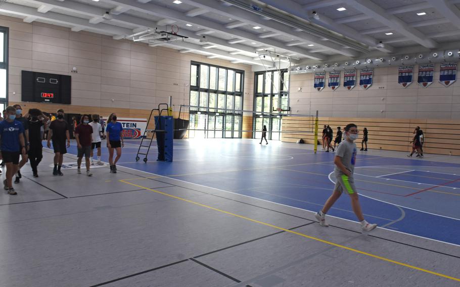 Students exercise in the gymnasium, the largest in the Defense Department school system, at the new Ramstein High School on Sept. 14, 2021.