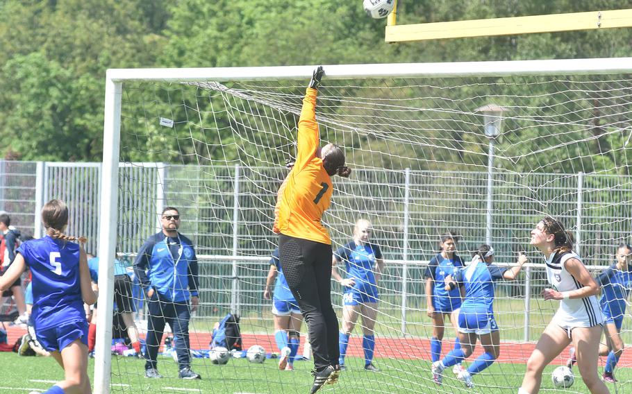 SHAPE goalkeeper Sofia Tryon stretches as far as she can to try to stop a shot from Wiesbaden in the Spartans 1-1 tie with the Warriors on Monday, May 20, 2024, at the DODEA European Division I girls soccer championships at Ramstein High School.