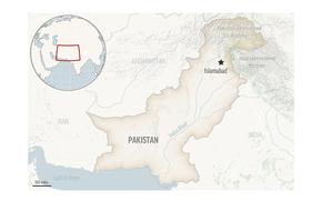 This is a locator map for Pakistan with its capital, Islamabad, and the Kashmir region.