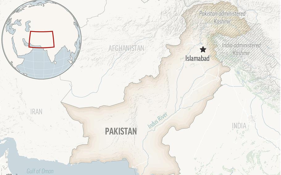 This is a locator map for Pakistan with its capital, Islamabad, and the Kashmir region.