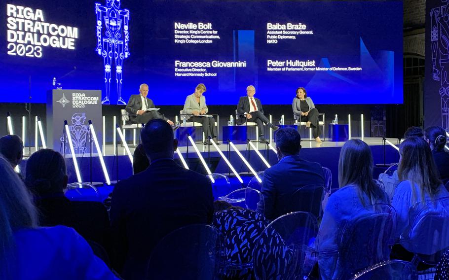 Harvard University nuclear deterrence expert Francesca Giovannini, far right, takes part in a panel discussion on the future of deterrence at NATO’s StratCom Dialogue in Riga, Latvia, on Thursday, June 8, 2023. 