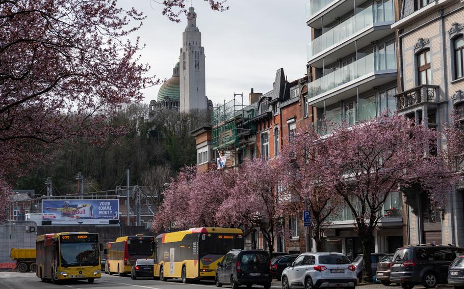 The Interallied Memorial, consisting of the Church of the Sacred Heart and a roughly 250-foot secular tower, look down on the city of Liege, Belgium, from Cointe Hill, March 28, 2023.