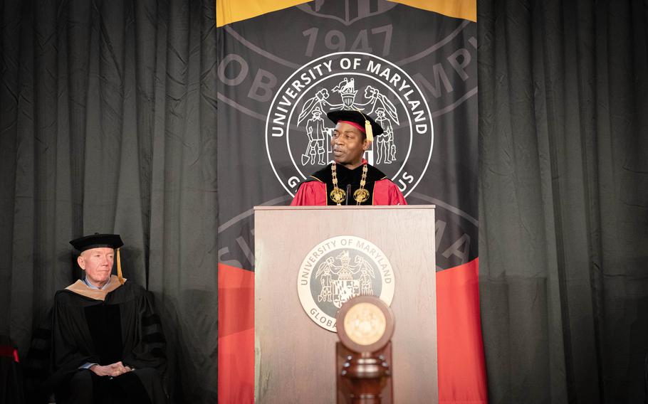 Gregory W. Fowler, president of the University of Maryland Global Campus, delivers a commencement speech at a graduation ceremony on Ramstein Air Base, Germany, Saturday, April 29, 2023.