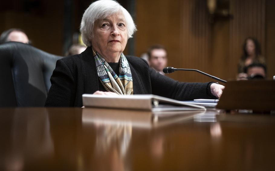Treasury Secretary Janet L. Yellen testifies during a Senate Finance Committee hearing on March 16. 