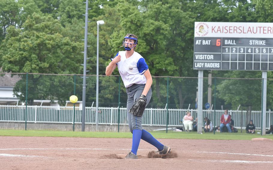 Wiesbaden’s Lyndsey Urick slings the ball toward the plate in the DODEA-Europe Division I softball championship game Saturday, May 20, 2023, at Kaiserslautern, Germany.